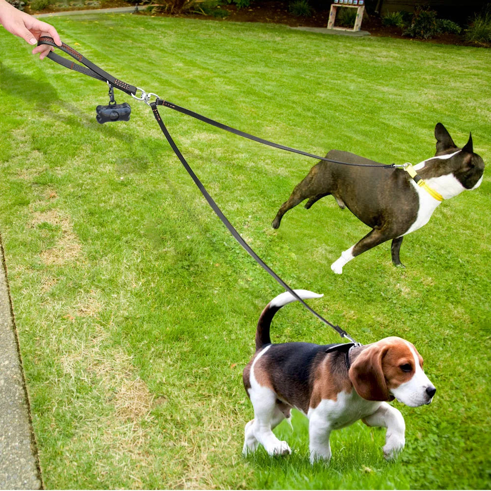 Double Dog Leash - 2-Way Leather Coupler for Walking 2 Dogs