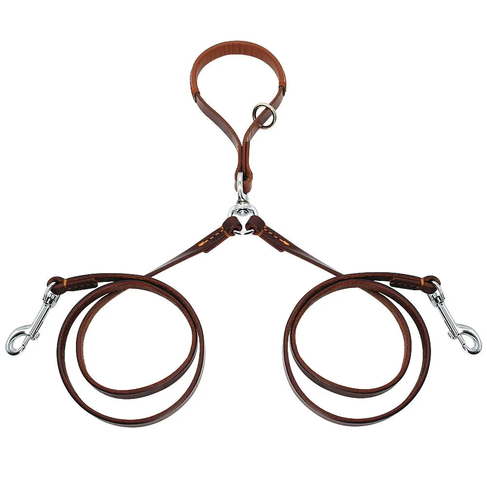 Double Dog Leash - 2-Way Leather Coupler for Walking 2 Dogs