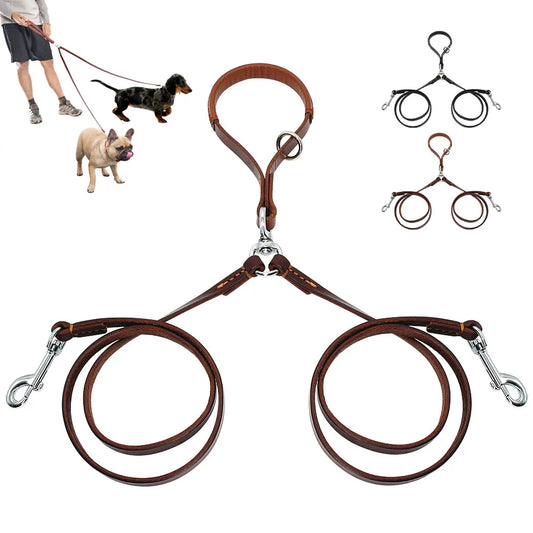 Double Dog Leash - 2-Way Leather Coupler for Walking 2 Dogs