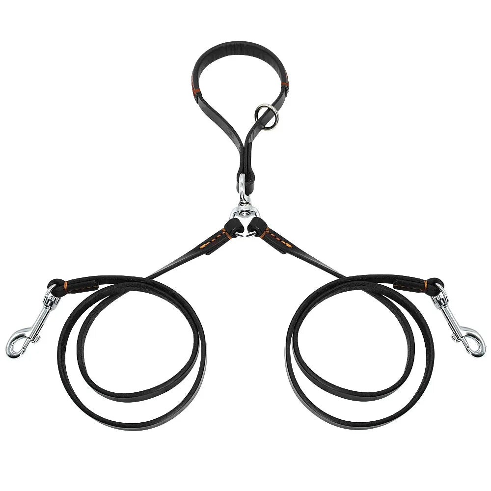 Double Dog Leash - 2-Way Leather Coupler for Walking 2 Dogs