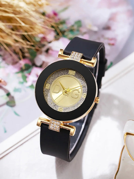 Fashion Women's Watch Minimalist Diamond Design Silica Gel Strap Quartz Watch Casual Women's Stainless Steel Watch Luxury Brand