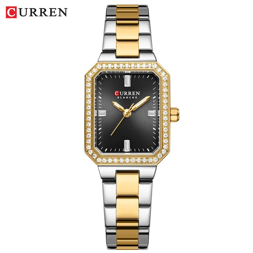 CURREN Luxury Brand Watches for Women Simple Rectangular Dial with Sparkling Rhinestones Casual Quartz Wristwatch with Luminous