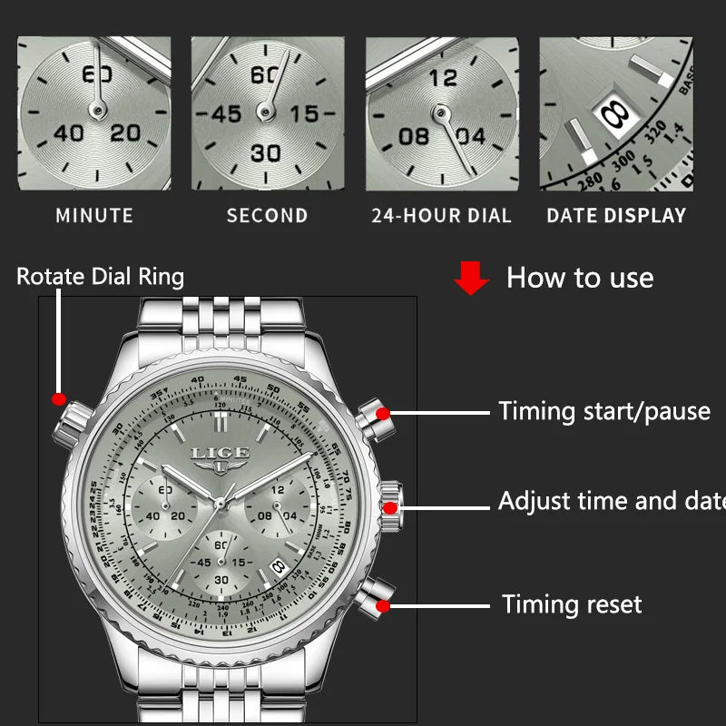 LIGE - Luxury Stainless Steel Chronograph Watch