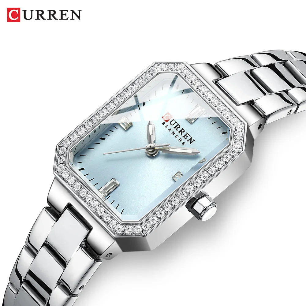 CURREN Luxury Brand Watches for Women Simple Rectangular Dial with Sparkling Rhinestones Casual Quartz Wristwatch with Luminous