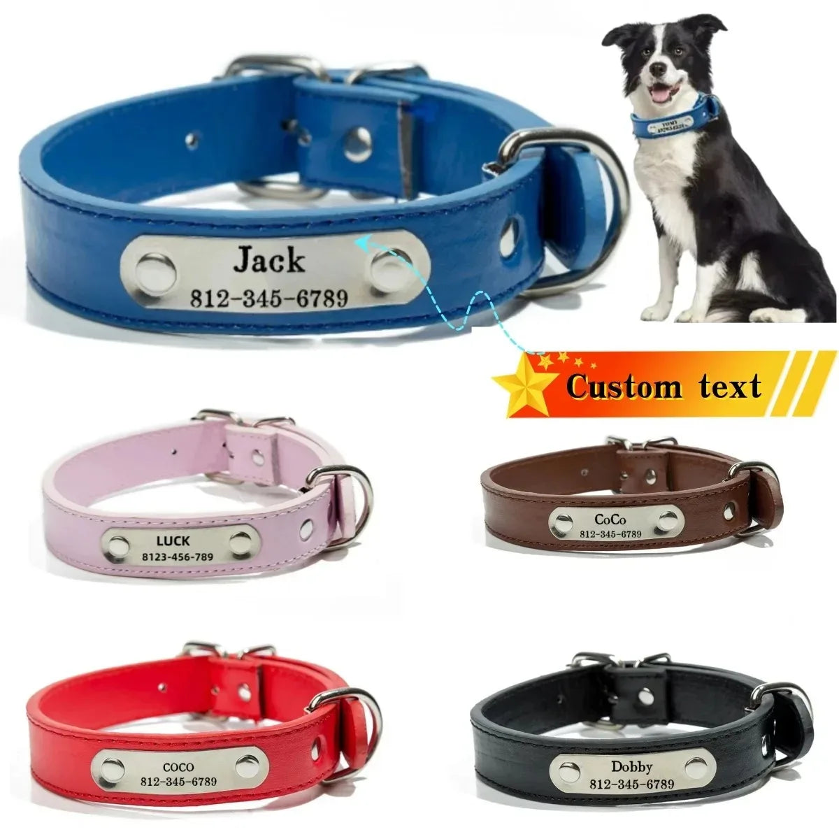 Personalized Dog Collar - Custom ID Tag PU Leather for All Sizes