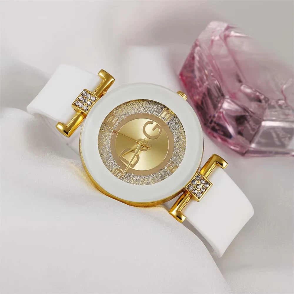 Fashion Women's Watch Minimalist Diamond Design Silica Gel Strap Quartz Watch Casual Women's Stainless Steel Watch Luxury Brand