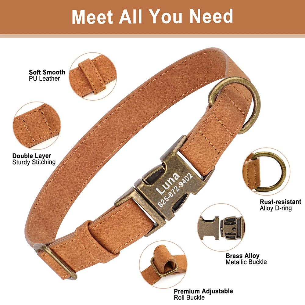 Personalized PU Leather Dog Collar - Adjustable with Custom ID Name