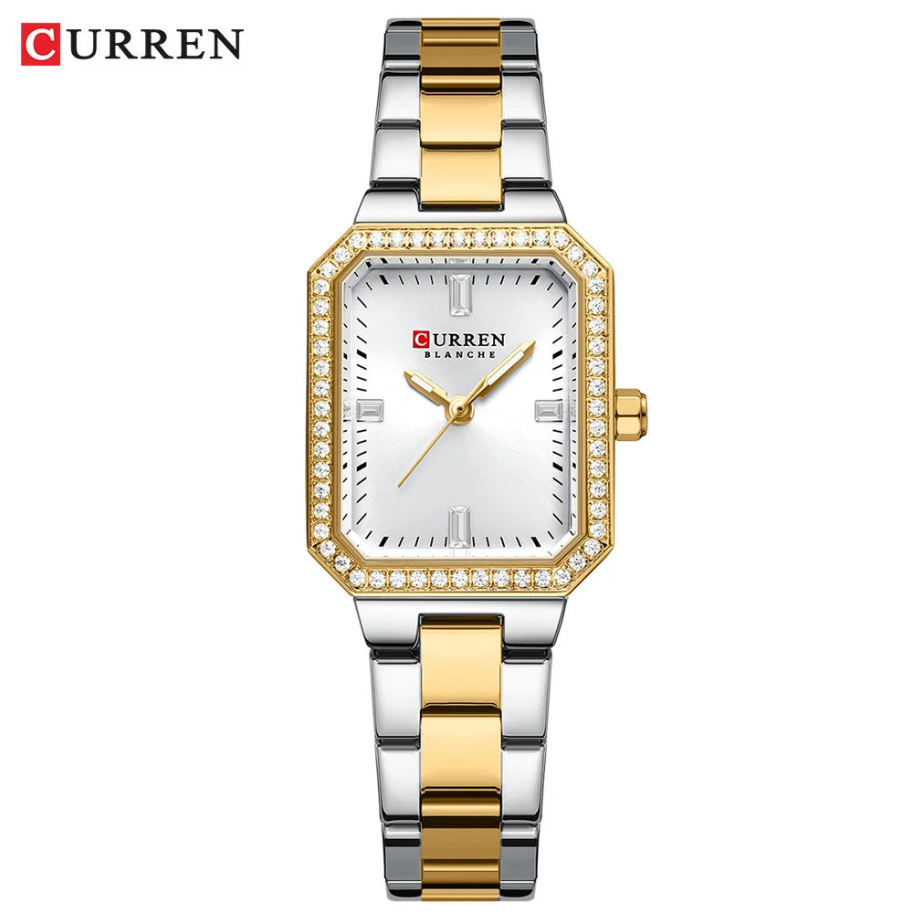 CURREN Luxury Brand Watches for Women Simple Rectangular Dial with Sparkling Rhinestones Casual Quartz Wristwatch with Luminous