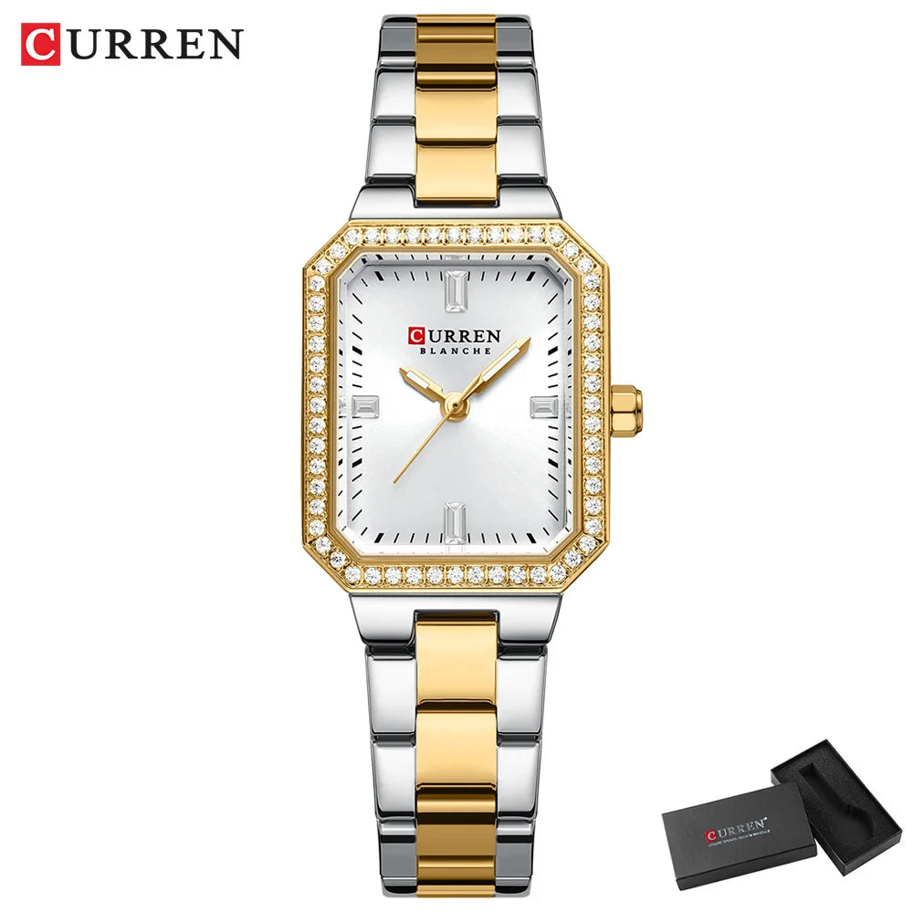 CURREN Luxury Brand Watches for Women Simple Rectangular Dial with Sparkling Rhinestones Casual Quartz Wristwatch with Luminous